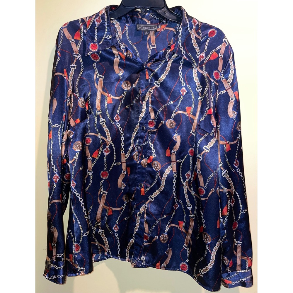 Elementz Navy Blue Satin Chain Print Button Down Blouse Large Long Sleeve Top
